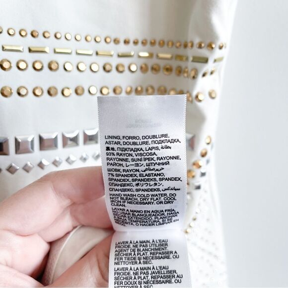 Bebe Dress Bodycon White Gold Silver Embellishments Lined Women 's M Back Zip - Picture 4 of 11